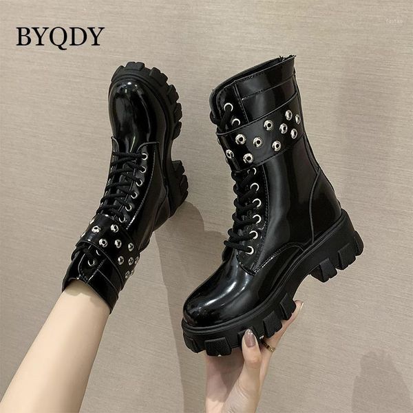 

byqdy fashion buckle platform thick bottom autumn women boots rubber cowboy western booties rivets pu leather lacing combat boot1, Black