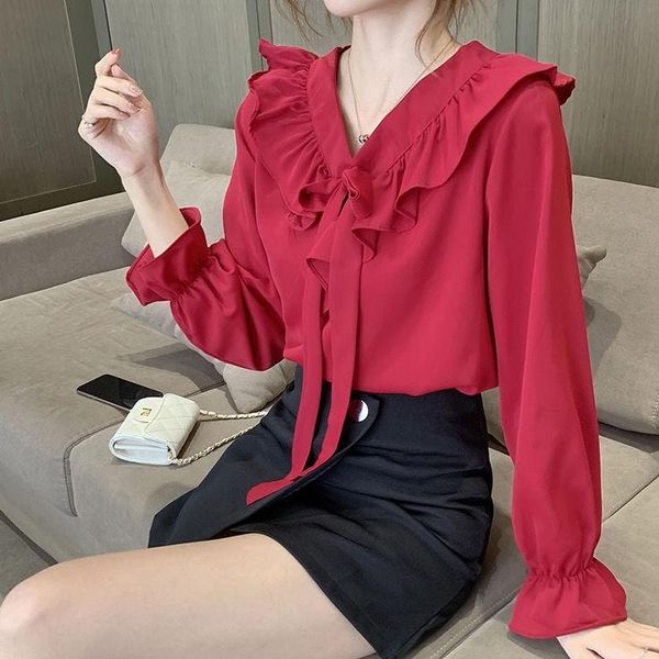 women's blouses & shirts chiffon bow neck women full sleeve summer, White