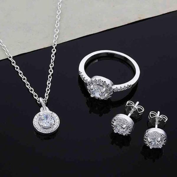 women round zircon ear studs open ring necklace fashion party jewelry charm set, Silver
women round zircon ear studs open ring necklace fashion party jewelry charm set, Silver