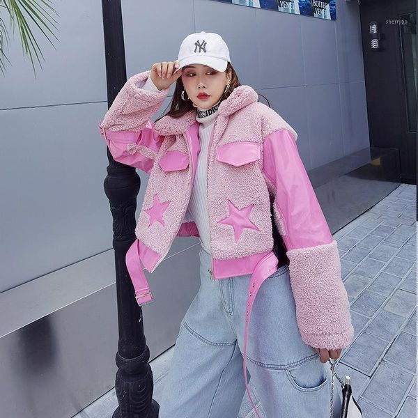 2021 winter new imitation lambswool stitching pu leather bright face pink jacket women belted zip thick short coat streetwear1, Black;brown
2021 winter new imitation lambswool stitching pu leather bright face pink jacket women belted zip thick short coat streetwear1, Black;brown
