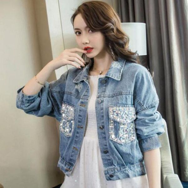 women's jackets light blue female spring beaded sequins short loose korean denim jacket, Black;brown
women's jackets light blue female spring beaded sequins short loose korean denim jacket, Black;brown