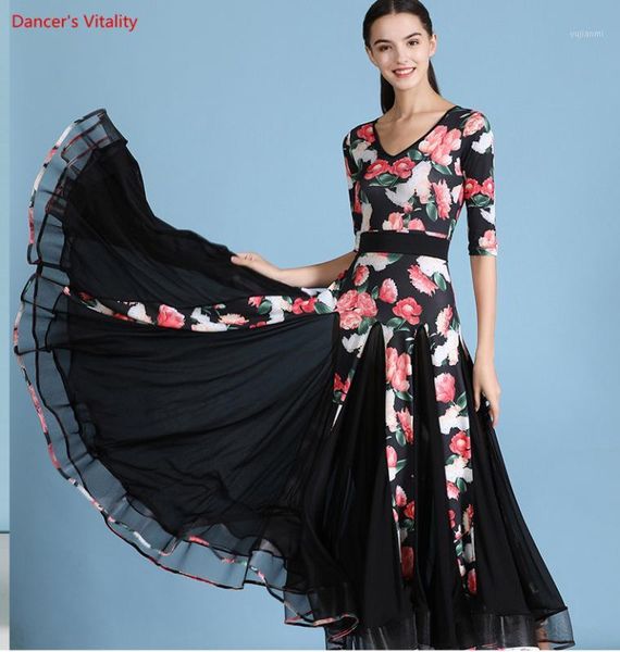 modern dance skirt national dance costume dress printed ballroom waltz suit women's competition clothes1, Black;red 
modern dance skirt national dance costume dress printed ballroom waltz suit women's competition clothes1, Black;red