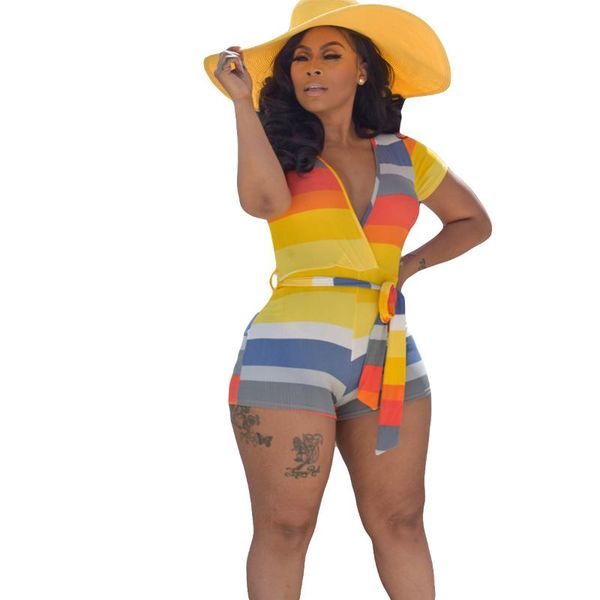 women playsuit summer short sleeve rainbow striped bodycon bodysuit deep v-neck waist belt short jumpsuit romper, Black;white
women playsuit summer short sleeve rainbow striped bodycon bodysuit deep v-neck waist belt short jumpsuit romper, Black;white