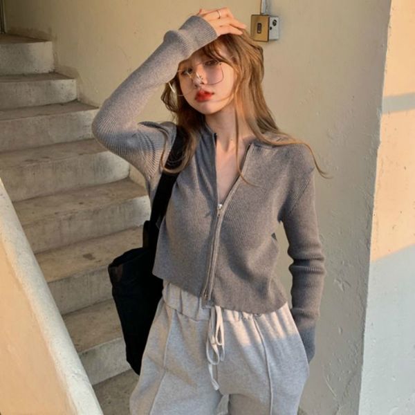 New 2021 Women Spring Knitted Crop Top Causal Short Hooded Jacket H10m, Black