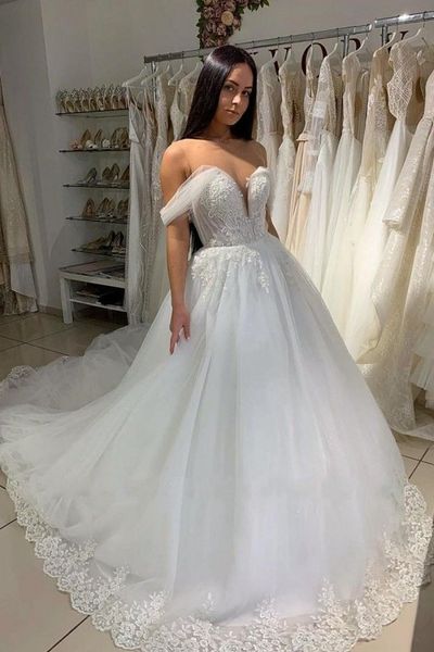see through lace appliques wedding dresses off shoulder ball gown court train tulle wedding gown vestido de noiva p54, White
see through lace appliques wedding dresses off shoulder ball gown court train tulle wedding gown vestido de noiva p54, White