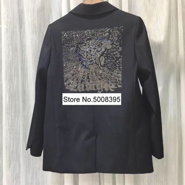 woman black blazer back strass rhinestone detail long sleeves single button flap pockets fashion coat 2020 lj201212, White;black
