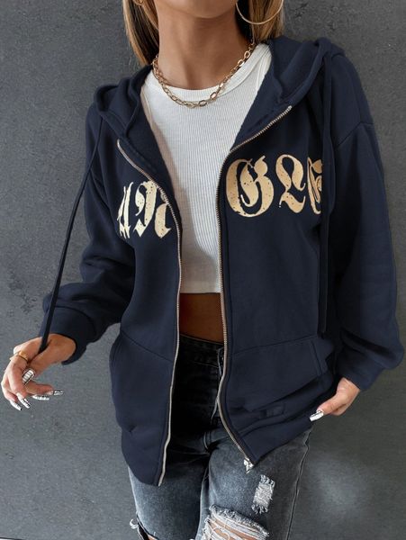 letter graphic zip up drawstring hoodie k2ew#, White;black