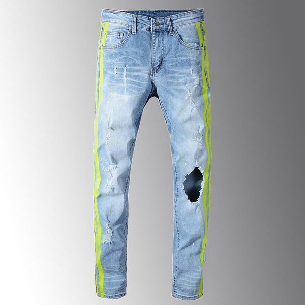 2020 men's neon yellow color lines patchwork ripped jeans fashion holes destroyed denim stretch pants slim fit man jeans, Blue
2020 men's neon yellow color lines patchwork ripped jeans fashion holes destroyed denim stretch pants slim fit man jeans, Blue