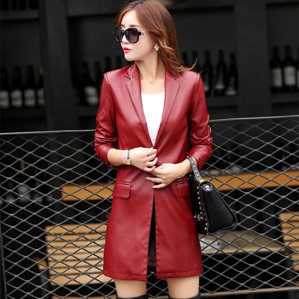 women's leather & faux jacket spring autumn single button solid red color ladies long coat pockets turn down collar outerwear female, Black
women's leather & faux jacket spring autumn single button solid red color ladies long coat pockets turn down collar outerwear female, Black