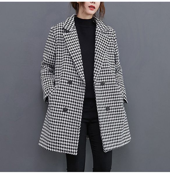 

casual womens loose autumn houndstoot tweed jacket fashion long sleeve button outerwear ladies elegant pea coat 8wos, Black