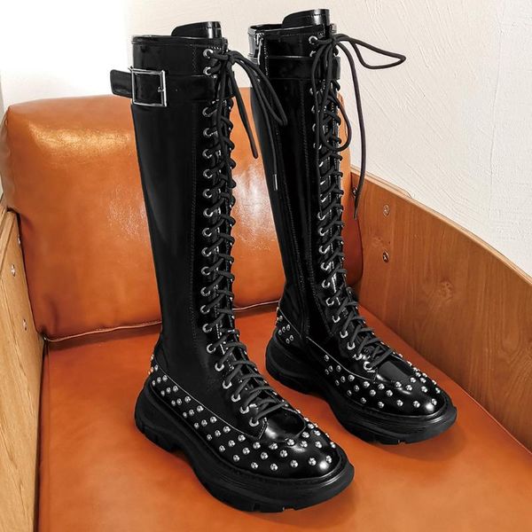 new handmade genuine leather round toe rivets decor thick sole cross tied women long boots buckle straps fashion knee high boots, Black
new handmade genuine leather round toe rivets decor thick sole cross tied women long boots buckle straps fashion knee high boots, Black
