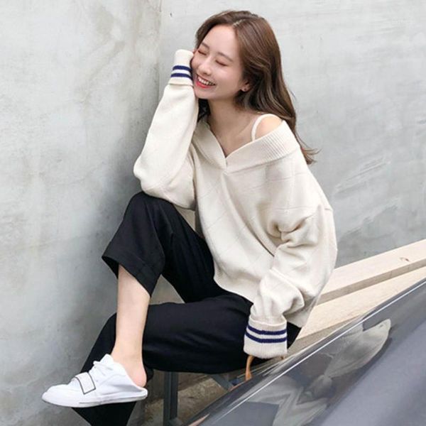 women autumn winter long sleeve v neck pullover off shoulder knit sweater jumpersr1, White;black
women autumn winter long sleeve v neck pullover off shoulder knit sweater jumpersr1, White;black