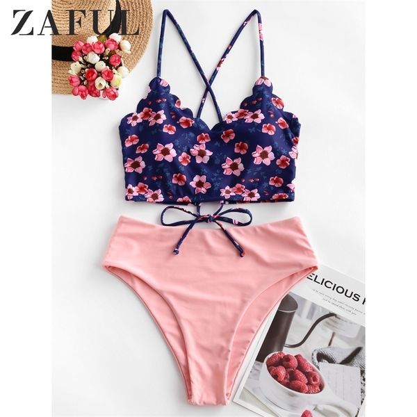 

zaful floral scalloped crisscross tankini swimsuit high waisted flower mix and match strap set crop elastic two-piece suits y200319, White;black