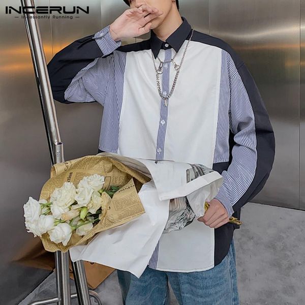 men's casual shirts men shirt lapel long sleeve striped patchwork fashion korean blouse 2021 personality streetwear camisa incerun s-3, White;black
men's casual shirts men shirt lapel long sleeve striped patchwork fashion korean blouse 2021 personality streetwear camisa incerun s-3, White;black