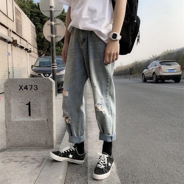 men's jeans wholesale 2021 denim male ripped hole loose straight leg korean summer thin youth fashion casual ankle length pants, Blue
men's jeans wholesale 2021 denim male ripped hole loose straight leg korean summer thin youth fashion casual ankle length pants, Blue