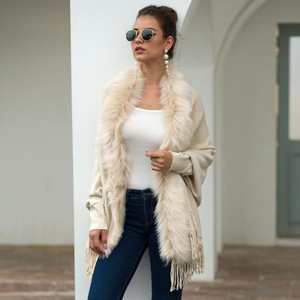 autumn and winter trade amazon tassel cape cape fur collar pure color cardigan sweater, White
autumn and winter trade amazon tassel cape cape fur collar pure color cardigan sweater, White