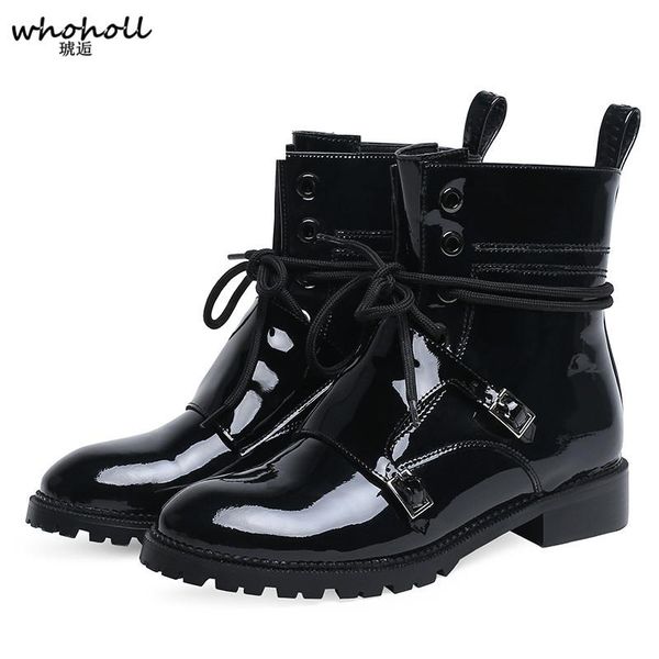 boots patent leather women ankle lace up round toe spring autumn booties shoes female fashion buckle high quality, Black
boots patent leather women ankle lace up round toe spring autumn booties shoes female fashion buckle high quality, Black
