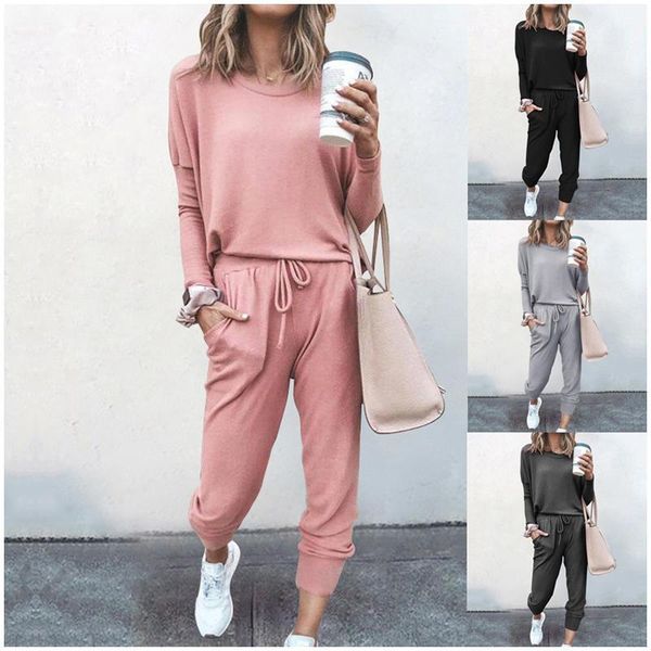women solid color round neck long-sleeved t-shirt long pants trouser suits sets ladies casual travel blouse drawstring pants, Gray
women solid color round neck long-sleeved t-shirt long pants trouser suits sets ladies casual travel blouse drawstring pants, Gray