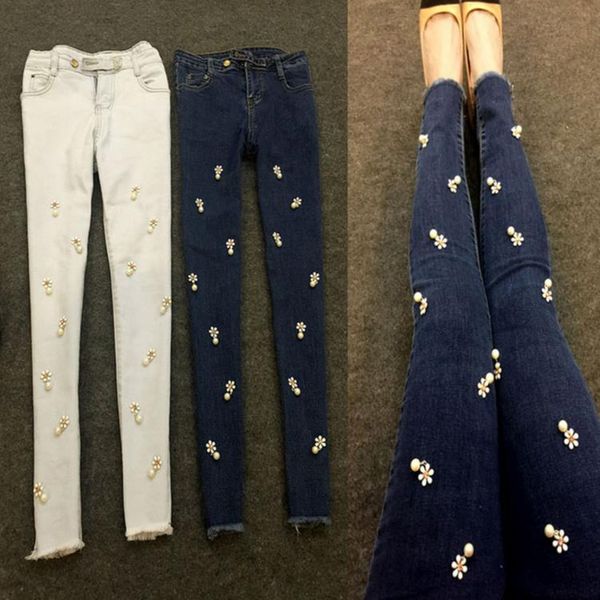 women's jeans pencil pants women skinny flowers diamonds pearl stretch trousers, Blue
women's jeans pencil pants women skinny flowers diamonds pearl stretch trousers, Blue