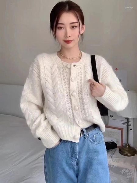 women sweater 2020 fall/winter women's round neck sweater cable lantern sleeve short knit cardigan women1, White
women sweater 2020 fall/winter women's round neck sweater cable lantern sleeve short knit cardigan women1, White