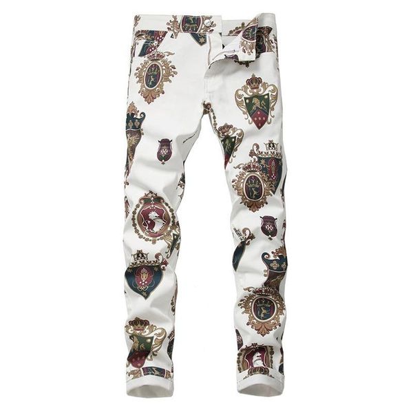 men's badge 3d printed white jeans fashion colored drawing slim fit stretch denim pants long trousers, Blue
men's badge 3d printed white jeans fashion colored drawing slim fit stretch denim pants long trousers, Blue