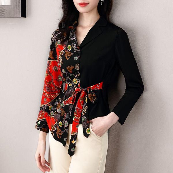 women's blouses & shirts spring summer style patchwork v-neck lace up printed long sleeve korean sp606, White
women's blouses & shirts spring summer style patchwork v-neck lace up printed long sleeve korean sp606, White