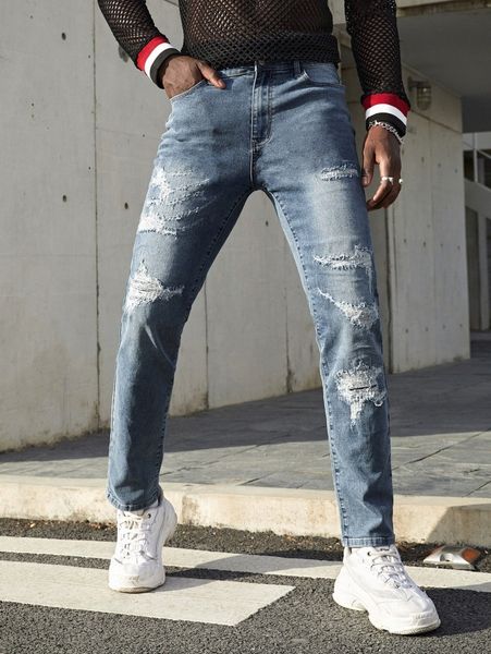 men washed ripped jeans e9ij#, Blue