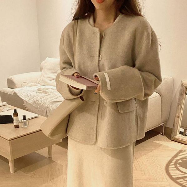 women's wool & blends autumn and winter jacket short round neck long sleeve simple coat, Black
women's wool & blends autumn and winter jacket short round neck long sleeve simple coat, Black