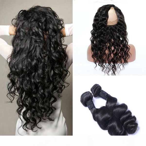 brazilian virgin hair with closure 360 frontal with bundles loose wave virgin hair pre plucked full 360 human hair bundles, Black 
brazilian virgin hair with closure 360 frontal with bundles loose wave virgin hair pre plucked full 360 human hair bundles, Black