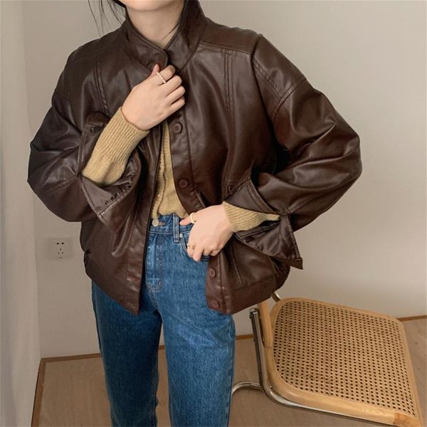 ribirr 2021 new long sleeve stand collar retro short leather coat, Black
ribirr 2021 new long sleeve stand collar retro short leather coat, Black