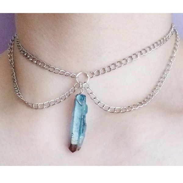 chains aqua aura quartz choker - crystal point necklace raw gothic, Silver
chains aqua aura quartz choker - crystal point necklace raw gothic, Silver