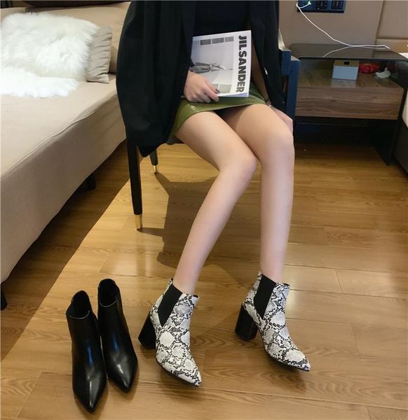 boots fashion women pointed toe block high heels slip on ankle snake printed elastic short party shoes, Black
boots fashion women pointed toe block high heels slip on ankle snake printed elastic short party shoes, Black