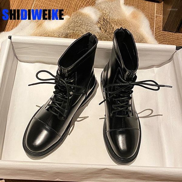 women's platform flat boots chunky motorcycle boots for women autumn fashion ankle round toe lace-up combat 34-401, Black
women's platform flat boots chunky motorcycle boots for women autumn fashion ankle round toe lace-up combat 34-401, Black