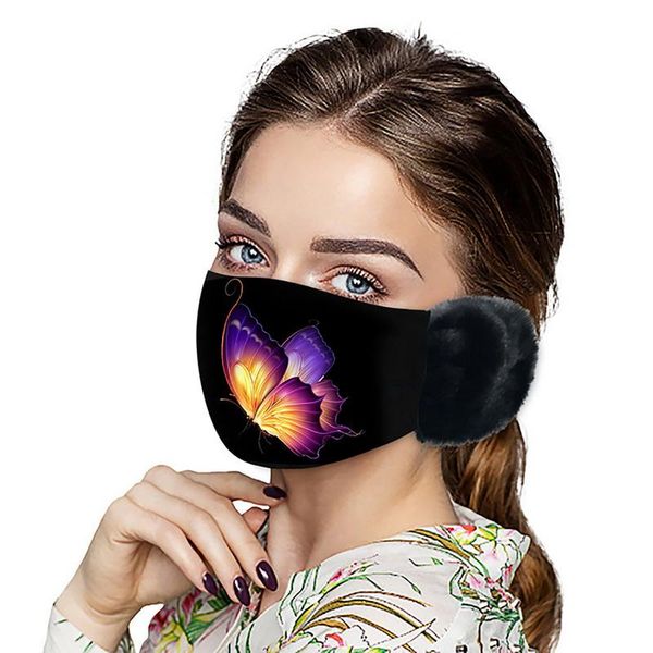 женщины 2 в 1 теплые наушники бабочка печать осень зима утолщение плюшевые наружные крышки лица ветрозащитный пыленепроницаемый рот крышка b