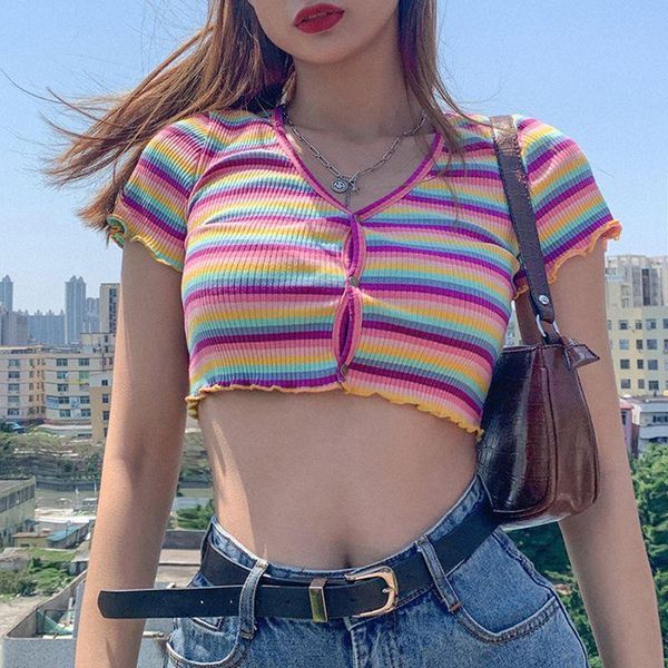 gdzshp summer women short sleeve t-shirt rainbow striped ruffles trim v-neck buttons cardigan casual crop short top, White
gdzshp summer women short sleeve t-shirt rainbow striped ruffles trim v-neck buttons cardigan casual crop short top, White