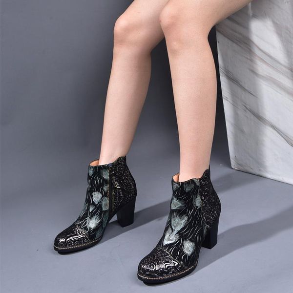 boots europe style women shoes booties block heels genuine leather high heel ankle special design female footwear winter, Black 
boots europe style women shoes booties block heels genuine leather high heel ankle special design female footwear winter, Black