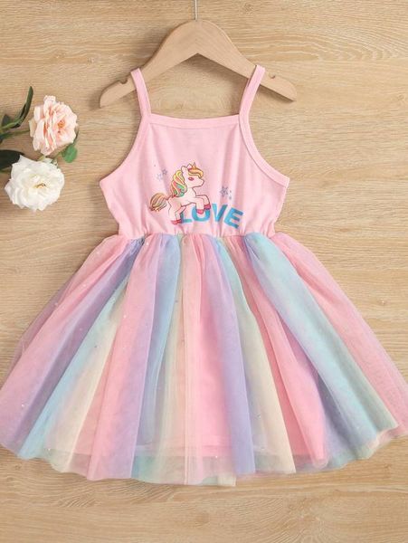 toddler girls unicorn & letter graphic mesh overlay cami dress she, Red;yellow
