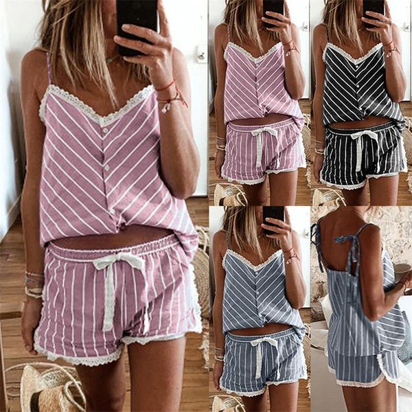 summer lace women striped pajama sets 2020 casual spaghetti straps women loose pajamas1, Black;red
summer lace women striped pajama sets 2020 casual spaghetti straps women loose pajamas1, Black;red