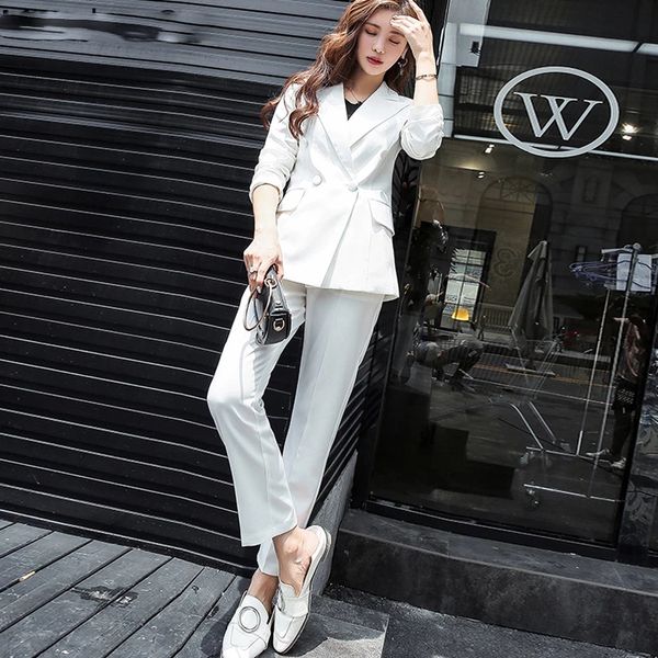 classic double breasted white women pant suits notched collar blazer jacket & straight pants office ladies female sets
classic double breasted white women pant suits notched collar blazer jacket & straight pants office ladies female sets