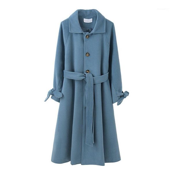 loose warm wool blends long winter coat turn-down collar adjustable belt wool coats women office work wear elegant1, Black