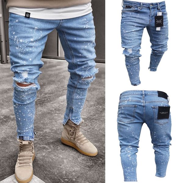 destroyed knee hole pencil jeans ankle split slim denim pants mens distressed ripped tore up splash-ink washed jean trousers man, Blue
destroyed knee hole pencil jeans ankle split slim denim pants mens distressed ripped tore up splash-ink washed jean trousers man, Blue