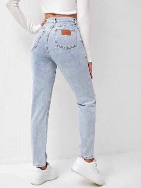 patch detail high waist mom fit jeans j0sz#, Blue