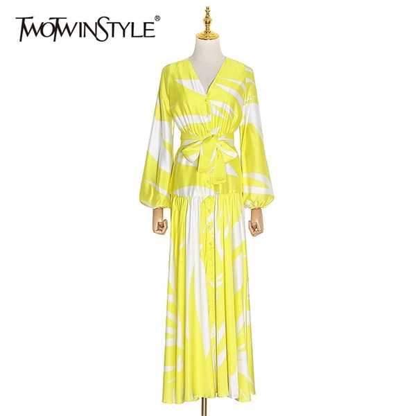 twotwinstyle vinatge print women dresses v neck lantern long sleeve high waist lace up bow hit color ruched maxi dress female lj200909, Black;gray
