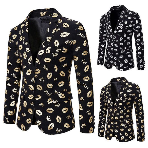 men's slim fashion lips gilt printed suit dress show coat x142, White;black 
men's slim fashion lips gilt printed suit dress show coat x142, White;black