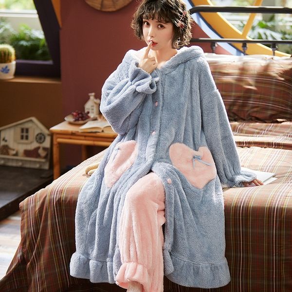 autumn winter women hooded pajama sets ruffled warm coral flannel sleepwear set solid female thick long soft cute nightwear y200425, Black;red
autumn winter women hooded pajama sets ruffled warm coral flannel sleepwear set solid female thick long soft cute nightwear y200425, Black;red