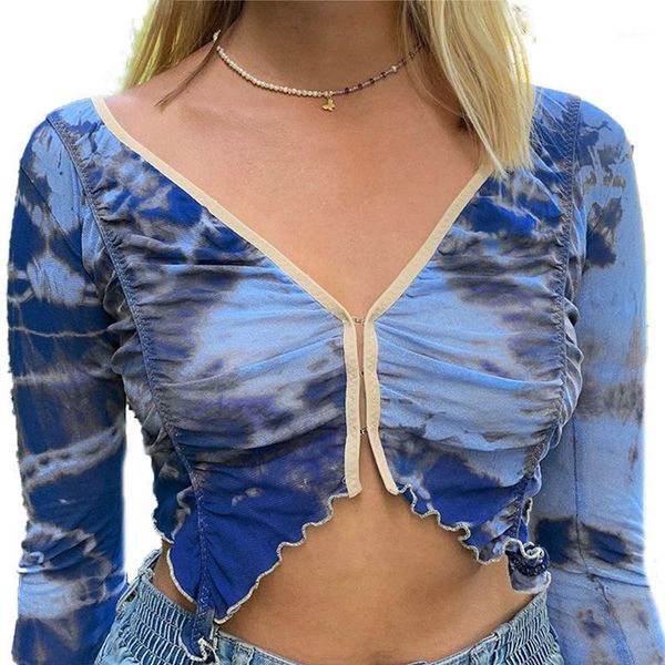 women tie-dye print short long sleeve v-neck wavy edge cardigan summer clothes blue1, White
women tie-dye print short long sleeve v-neck wavy edge cardigan summer clothes blue1, White