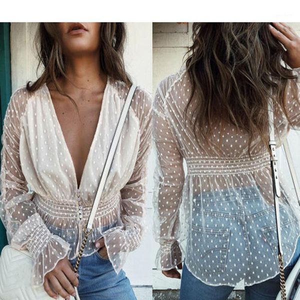 women's blouses & shirts women lace puff long sleeves polka dot ladies casual loose party see through v neck blouse femme1, White
women's blouses & shirts women lace puff long sleeves polka dot ladies casual loose party see through v neck blouse femme1, White