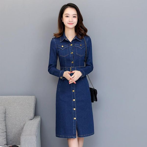 casual dresses #2728 single breasted denim women long sleeved jeans dress with belt lapel collar elegant office midi high waist, Black;gray
casual dresses #2728 single breasted denim women long sleeved jeans dress with belt lapel collar elegant office midi high waist, Black;gray