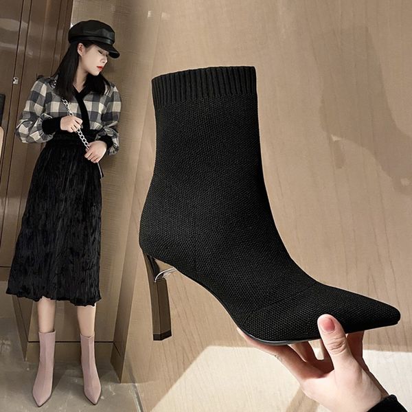 metal blade heels socks boots women stretch fabric elastic stilettos heel pointed toe ankle boots shoes woman boats c0129, Black
metal blade heels socks boots women stretch fabric elastic stilettos heel pointed toe ankle boots shoes woman boats c0129, Black
