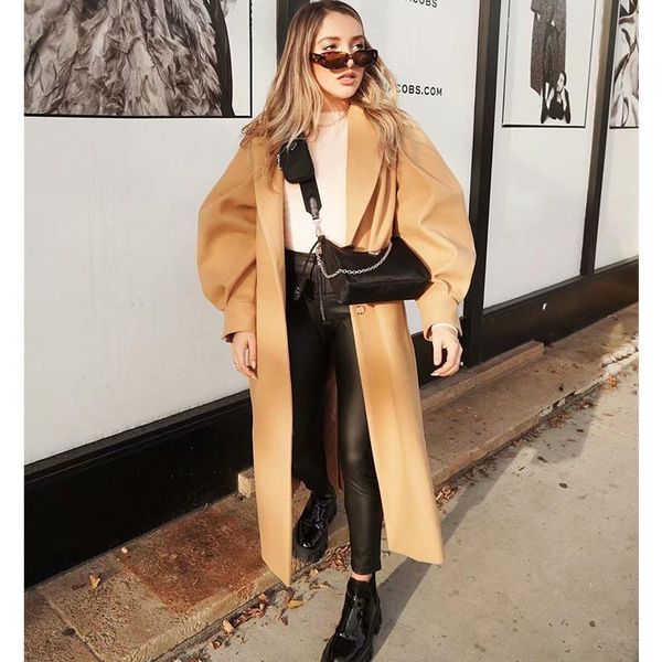 women's wool & blends elegant khaki lantern sleeve notch collar belt wasit x-long coat women usa england style warm winter outerwear, Black
women's wool & blends elegant khaki lantern sleeve notch collar belt wasit x-long coat women usa england style warm winter outerwear, Black